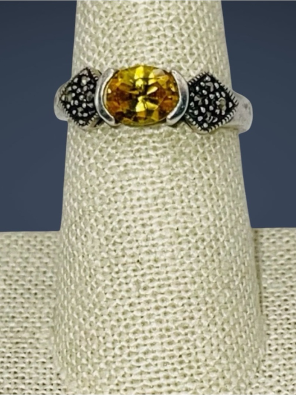 Beautiful Sterling Silver and Citrine With Marcasites Ring Art Deco Inspired